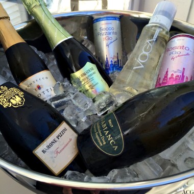 Vinkjøler med is og mange forskjellige flasker og bokser med vin
